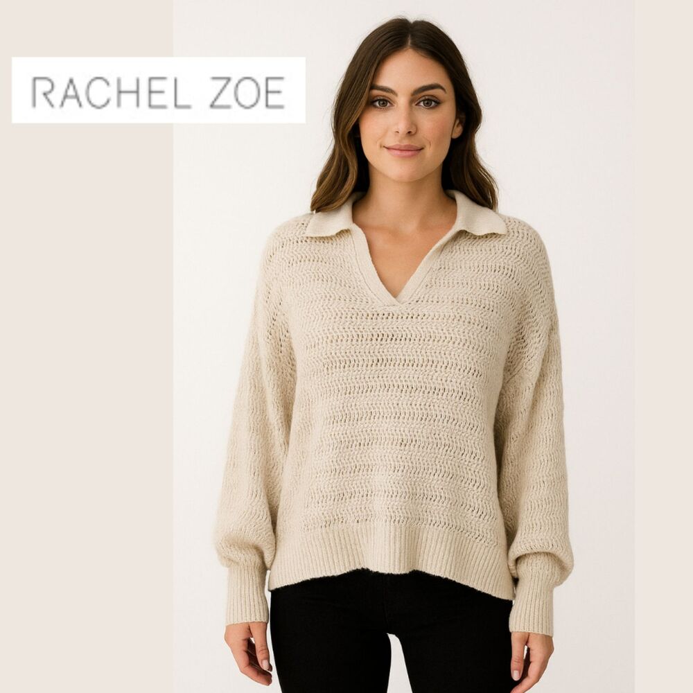 Rachel Zoe Cream Color Long Sleeve V-Neck Sweater